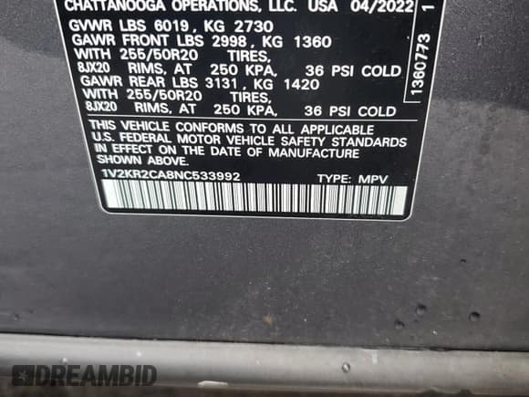 ✅ 2022 Volkswagen Atlas SE • VIN: 1V2KR2CA8NC533992 • Lot: 83814305. Wystawiony na Copart z przebiegiem 56 743 mil. Bezpłatny archiwum sprzedaży aukcyjnych z USA i szczegółowy raport historii pojazdu na DreamBid. Zdjęcie 13.