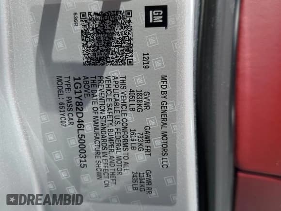 ✅ 2020 Chevrolet Corvette 3LT • VIN: 1G1Y82D46L5000315 • Lot: 86651655. Listed on Copart with 3,168 mi. Free auction sales archive from the USA and detailed vehicle history report at DreamBid. Image 12.