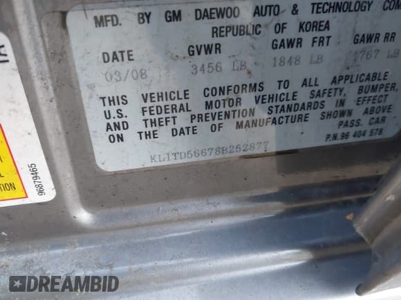 ✅ 2008 Chevrolet Aveo LS • VIN: KL1TD56678B252877 • Lot: 41755364. Wystawiony na IAAI z przebiegiem 127 186 mil. Bezpłatny archiwum sprzedaży aukcyjnych z USA i szczegółowy raport historii pojazdu na DreamBid. Zdjęcie 9.