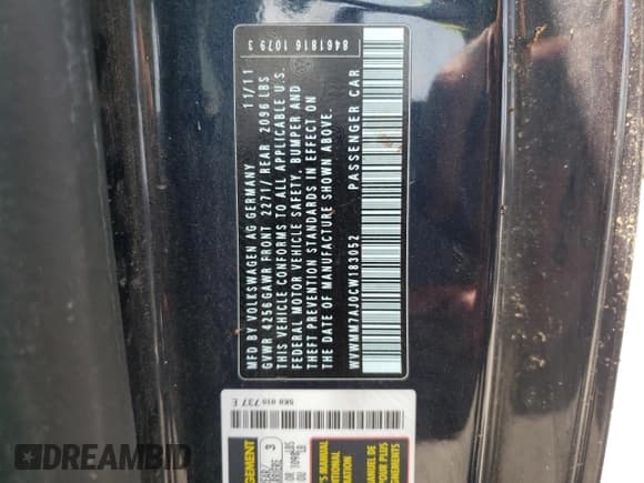 ✅ 2012 Volkswagen Golf TDI • VIN: WVWMM7AJ0CW183052 • Lot: 66751485. Listed on Copart with 190,334 mi. Free auction sales archive from the USA and detailed vehicle history report at DreamBid. Image 12.