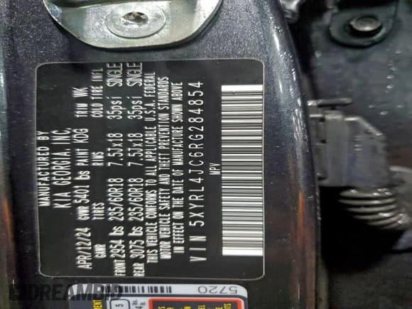 ✅ 2024 Kia Sorento S • VIN: 5XYRL4JC6RG284854 • Lot: 95764675. Listed on Copart with 64,635 mi. Free auction sales archive from the USA and detailed vehicle history report at DreamBid. Image 13.