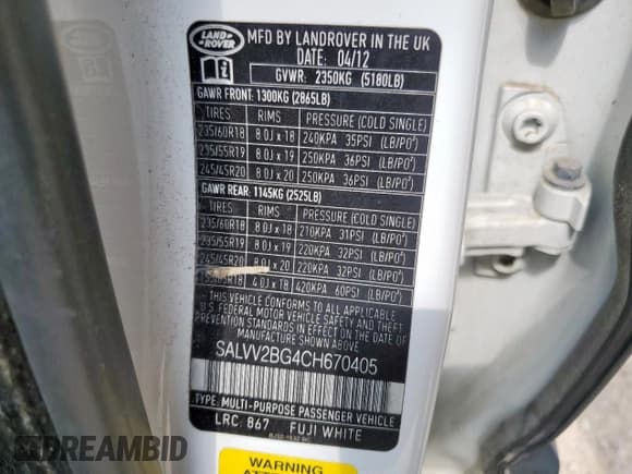 ✅ 2012 Land Rover Range Rover Evoque Prestige Premium • VIN: SALVV2BG4CH670405 • Lot: 59004685. Listed on Copart with 141,785 mi. Free auction sales archive from the USA and detailed vehicle history report at DreamBid. Image 13.