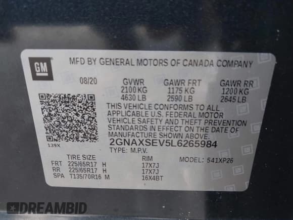 ✅ 2020 Chevrolet Equinox LS • VIN: 2GNAXSEV5L6265984 • Lot: 43146869. Listed on IAAI with 76,705 mi. Free auction sales archive from the USA and detailed vehicle history report at DreamBid. Image 9.