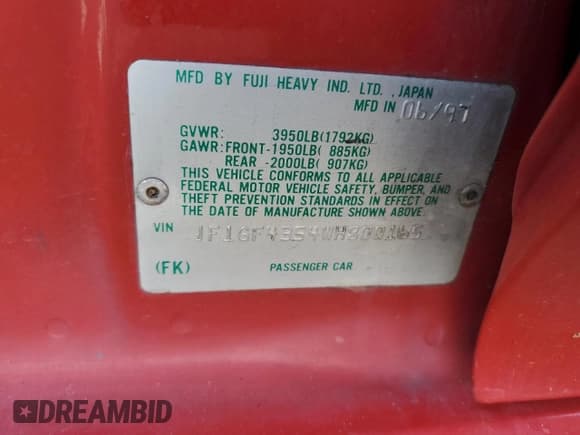 ✅ 1998 Subaru Impreza L • VIN: JF1GF4354WH800165 • Lot: 87476904. Listed on Copart with 160,212 mi. Free auction sales archive from the USA and detailed vehicle history report at DreamBid. Image 12.