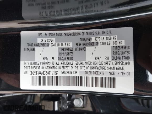 ✅ 2024 Mazda 3 S • VIN: 3MZBPAAM0RM417184 • Lot: 42376731. Listed on IAAI with 8,237 mi. Free auction sales archive from the USA and detailed vehicle history report at DreamBid. Image 9.