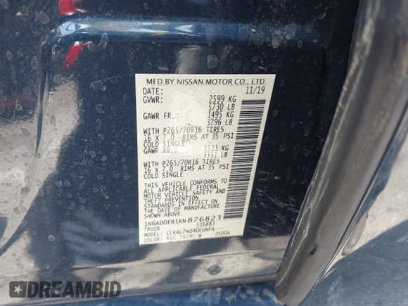 ✅ 2019 Nissan Frontier SV • VIN: 1N6AD0ER1KN876823 • Lot: 42987280. Listed on IAAI with Not provided. Free auction sales archive from the USA and detailed vehicle history report at DreamBid. Image 9.