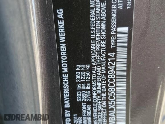 ✅ 2012 BMW 6 Series 650i xDrive • VIN: WBALX5C58CC894214 • Lot: 83954295. Listed on Copart with 109,208 mi. Free auction sales archive from the USA and detailed vehicle history report at DreamBid. Image 12.