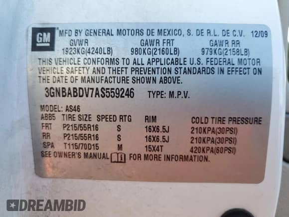 2010 Chevrolet HHR 1LT с VIN 3GNBABDV7AS559246, выставлен на аукционе Copart как лот 41890715 с пробегом 109 273 миль миль и Списание • Salvage title. История ставок и продаж доступна на DreamBid. Изображение 12.