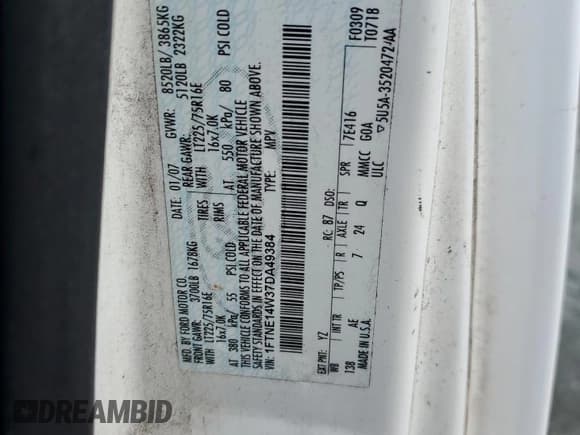 ✅ 2007 Ford Econoline Cargo Commercial • VIN: 1FTNE14W37DA49384 • Lot: 47226195. Listed on Copart with Not provided. Free auction sales archive from the USA and detailed vehicle history report at DreamBid. Image 13.