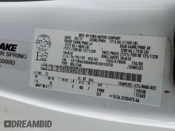 ✅ 2017 Ford F-350 Platinum • VIN: 1FT8W3B68HED01070 • Lot: 42034125. Listed on Copart with Not provided. Free auction sales archive from the USA and detailed vehicle history report at DreamBid. Image 12.