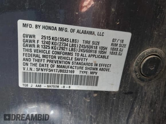 ✅ 2018 Honda Pilot LX • VIN: 5FNYF5H17JB033169 • Lot: 43343804. Listed on IAAI with 198,965 mi. Free auction sales archive from the USA and detailed vehicle history report at DreamBid. Image 9.