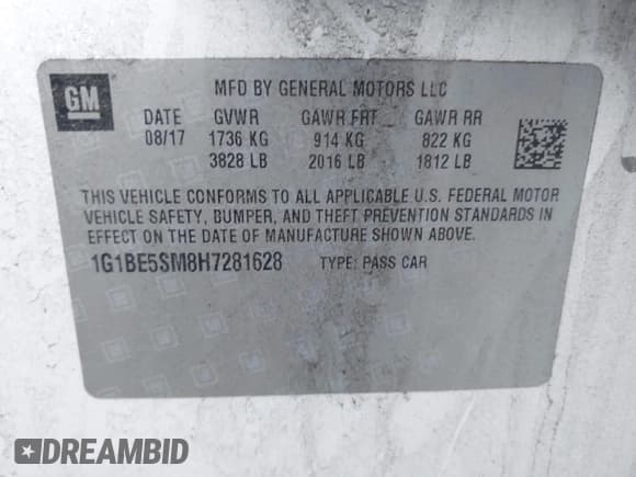 ✅ 2017 Chevrolet Cruze LT • VIN: 1G1BE5SM8H7281628 • Lot: 43505703. Listed on IAAI with 90,462 mi. Free auction sales archive from the USA and detailed vehicle history report at DreamBid. Image 9.