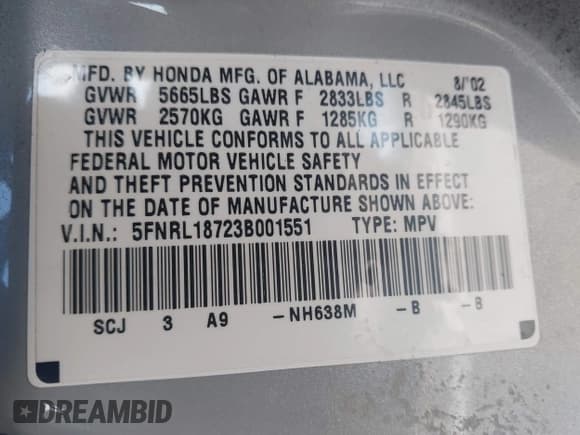 ✅ 2003 Honda Odyssey EX-L • VIN: 5FNRL18723B001551 • Lot: 42649160. Listed on IAAI with 131,415 mi. Free auction sales archive from the USA and detailed vehicle history report at DreamBid. Image 9.