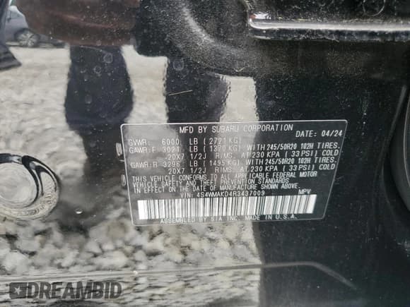 ✅ 2024 Subaru Ascent Onyx Limited • VIN: 4S4WMAKD4R3437009 • Lot: 64146495. Listed on Copart with Not provided. Free auction sales archive from the USA and detailed vehicle history report at DreamBid. Image 13.