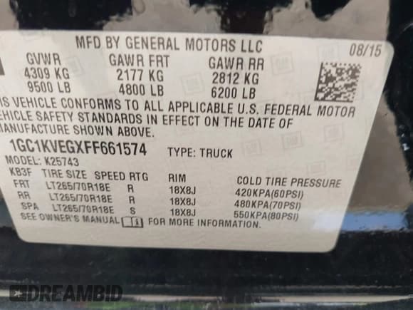 ✅ 2015 Chevrolet Silverado 2500HD LT • VIN: 1GC1KVEGXFF661574 • Lot: 42809342. Listed on IAAI with 265,001 mi. Free auction sales archive from the USA and detailed vehicle history report at DreamBid. Image 9.