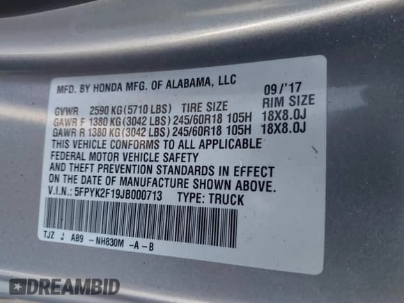 ✅ 2018 Honda Ridgeline Sport • VIN: 5FPYK2F19JB000713 • Lot: 41300244. Listed on IAAI with 52,119 mi. Free auction sales archive from the USA and detailed vehicle history report at DreamBid. Image 9.