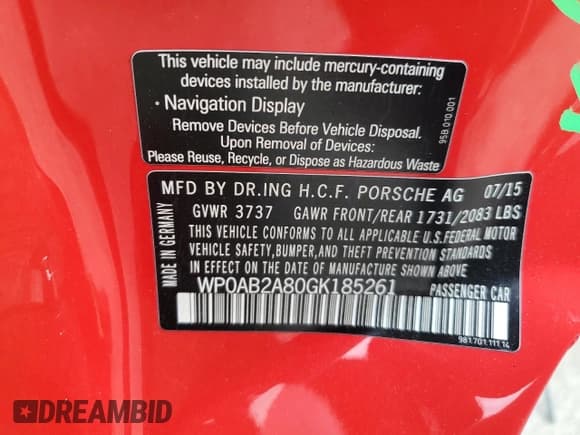 ✅ 2016 Porsche Cayman S • VIN: WP0AB2A80GK185261 • Lot: 52135744. Wystawiony na Copart z przebiegiem 80 607 mil. Bezpłatny archiwum sprzedaży aukcyjnych z USA i szczegółowy raport historii pojazdu na DreamBid. Zdjęcie 13.