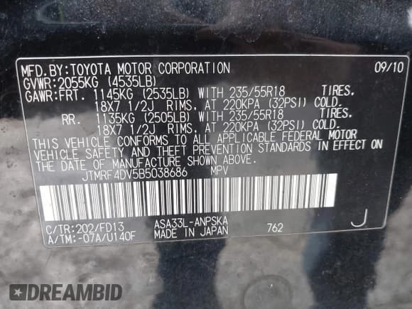 ✅ 2011 Toyota RAV4 Sport • VIN: JTMRF4DV5B5038686 • Lot: 41485048. Listed on IAAI with 155,300 mi. Free auction sales archive from the USA and detailed vehicle history report at DreamBid. Image 9.