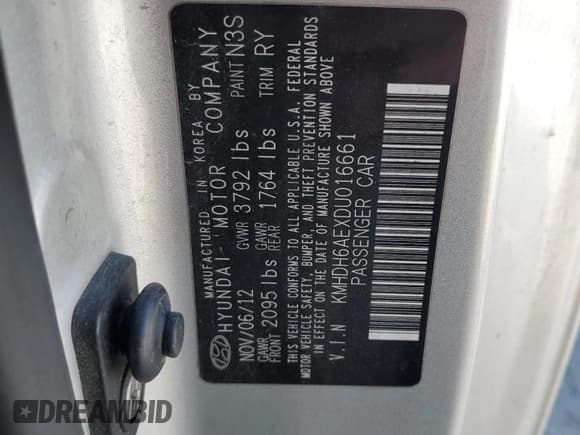 ✅ 2013 Hyundai Elantra GS • VIN: KMHDH6AEXDU016661 • Lot: 46449585. Listed on Copart with 107,660 mi. Free auction sales archive from the USA and detailed vehicle history report at DreamBid. Image 12.