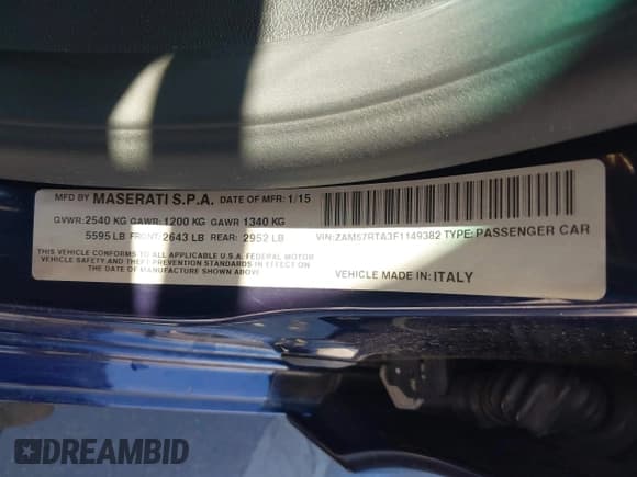 ✅ 2015 Maserati Ghibli S Q4 • VIN: ZAM57RTA3F1149382 • Lot: 42182510. Listed on IAAI with 33,671 mi. Free auction sales archive from the USA and detailed vehicle history report at DreamBid. Image 9.