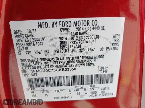 ✅ 2012 Ford Escape XLS • VIN: 1FMCU0C75CKB03350 • Lot: 43686502. Wystawiony na IAAI z przebiegiem 241 706 mil. Bezpłatny archiwum sprzedaży aukcyjnych z USA i szczegółowy raport historii pojazdu na DreamBid. Zdjęcie 9.