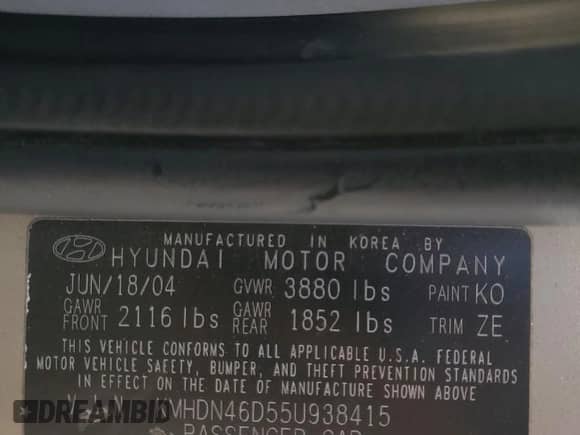 2005 Hyundai Elantra GLS z VIN KMHDN46D55U938415, wystawiony jako Copart lot #80395294 z przebiegiem 266 145 mil mil oraz Szkoda całkowita • Salvage title. Historia ofert i sprzedaży dostępna na DreamBid. Obrazek 12.