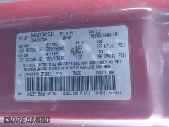 ✅ 2001 Dodge 1500 • VIN: 1B7HC13Y91J535812 • Лот: 43448229. Опубликован ранее на IAAI с пробегом 259 094 миль. Бесплатный доступ к архиву аукционных продаж из США и подробный отчёт об истории автомобиля на DreamBid. Изображение 9.