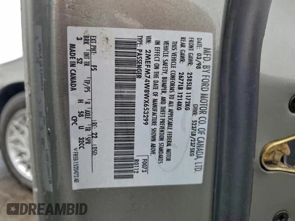 ✅ 1998 Mercury Grand Marquis GS • VIN: 2MEFM74W8WX653299 • Lot: 92753585. Wystawiony na Copart z przebiegiem 129 393 mil. Bezpłatny archiwum sprzedaży aukcyjnych z USA i szczegółowy raport historii pojazdu na DreamBid. Zdjęcie 12.