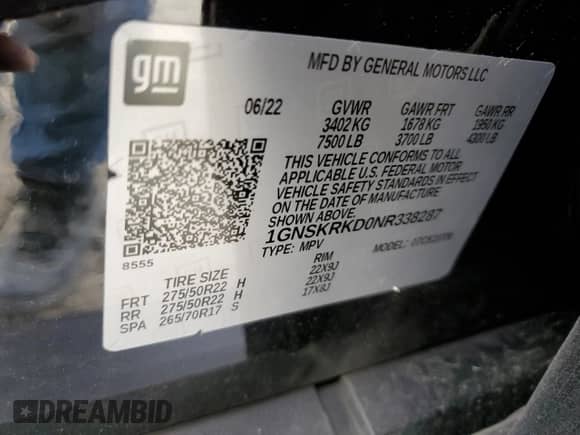 2022 Chevrolet Tahoe RST with VIN 1GNSKRKD0NR338287, listed as a Copart auction lot 53679345 with 59,010 mi miles and Salvage title. Bid and sale history available at DreamBid. Image 13.