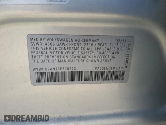 ✅ 2012 Volkswagen CC Lux Limited Edition • VIN: WVWHN7AN7CE508223 • Lot: 56702945. Listed on Copart with 121,156 mi. Free auction sales archive from the USA and detailed vehicle history report at DreamBid. Image 12.