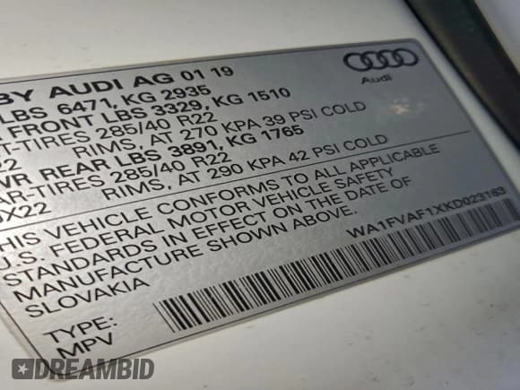 ✅ 2019 Audi Q8 Prestige • VIN: WA1FVAF1XKD023163 • Lot: 93908365. Wystawiony na Copart z przebiegiem 83 315 mil. Bezpłatny archiwum sprzedaży aukcyjnych z USA i szczegółowy raport historii pojazdu na DreamBid. Zdjęcie 13.