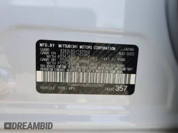 2022 Mitsubishi Outlander ES с VIN JA4APUAU5NU022367, выставлен на аукционе Copart как лот 71019275 с пробегом 56 211 миль миль и Списание • Salvage title. История ставок и продаж доступна на DreamBid. Изображение 13.