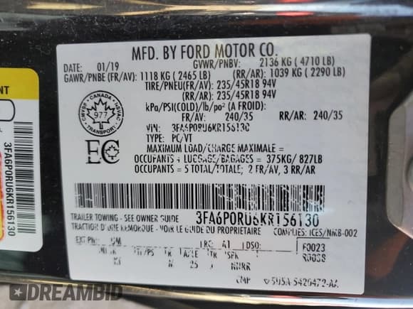 ✅ 2019 Ford Fusion Titanium • VIN: 3FA6P0RU6KR156130 • Lot: 85370285. Listed on Copart with 104,223 mi. Free auction sales archive from the USA and detailed vehicle history report at DreamBid. Image 12.