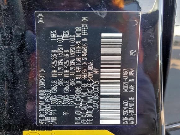 ✅ 2004 Lexus RX 330 • VIN: JTJGA31U840037105 • Lot: 94795005. Listed on Copart with 194,387 mi. Free auction sales archive from the USA and detailed vehicle history report at DreamBid. Image 13.