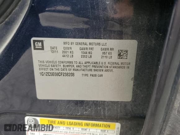 ✅ 2012 Chevrolet Malibu 1LT • VIN: 1G1ZC5E08CF238208 • Lot: 64188434. Listed on Copart with 216,278 mi. Free auction sales archive from the USA and detailed vehicle history report at DreamBid. Image 12.