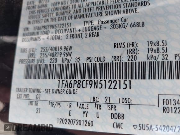 ✅ 2022 Ford Mustang GT • VIN: 1FA6P8CF9N5122151 • Lot: 42011876. Listed on IAAI with 29,088 mi. Free auction sales archive from the USA and detailed vehicle history report at DreamBid. Image 9.