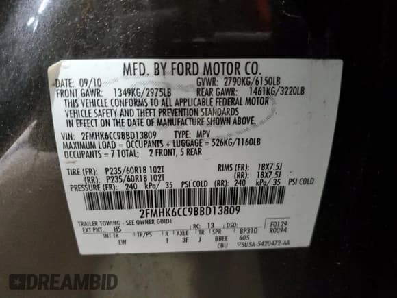 ✅ 2011 Ford Flex SEL • VIN: 2FMHK6CC9BBD13809 • Lot: 60803244. Listed on Copart with 168,183 mi. Free auction sales archive from the USA and detailed vehicle history report at DreamBid. Image 15.