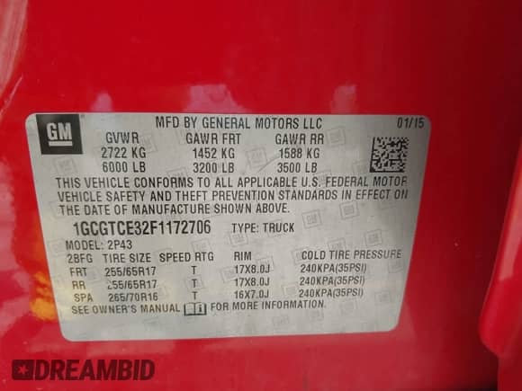 2015 Chevrolet Colorado 4WD Z71 with VIN 1GCGTCE32F1172706, listed as a IAAI auction lot 42942322 with 139,378 mi miles and . Bid and sale history available at DreamBid. Image 9.