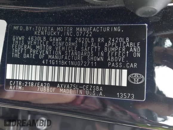 2022 Toyota Camry SE with VIN 4T1G11BK1NU072711, listed as a IAAI auction lot 42173404 with 26,504 mi miles and . Bid and sale history available at DreamBid. Image 9.