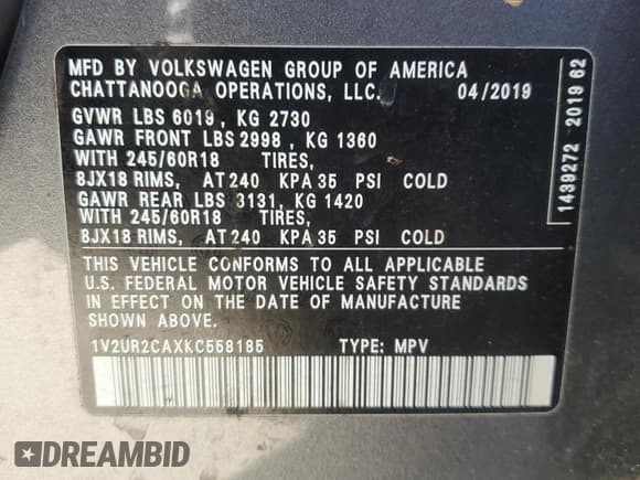 ✅ 2019 Volkswagen Atlas SE • VIN: 1V2UR2CAXKC558185 • Lot: 87475565. Listed on Copart with Not provided. Free auction sales archive from the USA and detailed vehicle history report at DreamBid. Image 13.