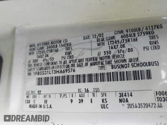 ✅ 2003 Ford Econoline Passenger XL • VIN: 1FBSS31L13HA69576 • Lot: 41818210. Wystawiony na IAAI z przebiegiem 240 315 mil. Bezpłatny archiwum sprzedaży aukcyjnych z USA i szczegółowy raport historii pojazdu na DreamBid. Zdjęcie 9.