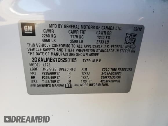 ✅ 2012 GMC Terrain SLE-1 • VIN: 2GKALMEK7C6290105 • Лот: 89705935. Опубликован ранее на Copart с пробегом 153 738 миль. Бесплатный доступ к архиву аукционных продаж из США и подробный отчёт об истории автомобиля на DreamBid. Изображение 13.