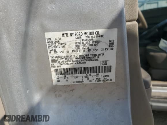 ✅ 2012 Ford Escape XLS • VIN: 1FMCU0C75CKA35597 • Lot: 86604185. Listed on Copart with 267,192 mi. Free auction sales archive from the USA and detailed vehicle history report at DreamBid. Image 13.