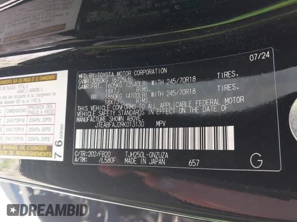 ✅ 2024 Toyota Land Cruiser • VIN: JTEABFAJ2RK013130 • Lot: 42002397. Listed on IAAI with 19,749 mi. Free auction sales archive from the USA and detailed vehicle history report at DreamBid. Image 9.