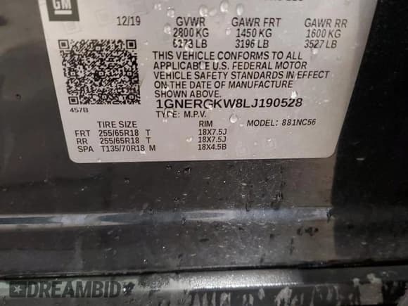 ✅ 2020 Chevrolet Traverse LT Cloth • VIN: 1GNERGKW8LJ190528 • Lot: 92107315. Listed on Copart with 116,898 mi. Free auction sales archive from the USA and detailed vehicle history report at DreamBid. Image 13.