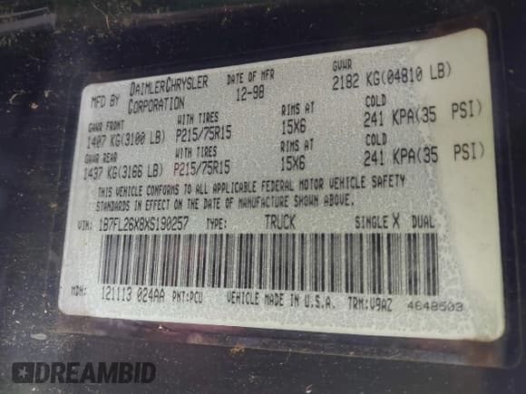 ✅ 1999 Dodge Dakota SLT • VIN: 1B7FL26X8XS190257 • Lot: 43894891. Listed on IAAI with 101,531 mi. Free auction sales archive from the USA and detailed vehicle history report at DreamBid. Image 9.