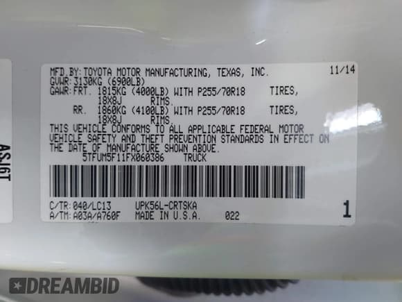 ✅ 2015 Toyota Tundra SR • VIN: 5TFUM5F11FX060386 • Lot: 41396414. Wystawiony na IAAI z przebiegiem 91 291 mil. Bezpłatny archiwum sprzedaży aukcyjnych z USA i szczegółowy raport historii pojazdu na DreamBid. Zdjęcie 9.