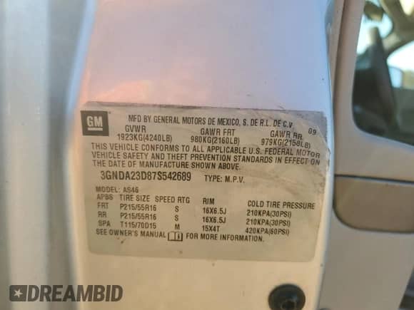 ✅ 2007 Chevrolet HHR LT • VIN: 3GNDA23D87S542689 • Лот: 75799114. Размещён на Copart с пробегом 209 649 миль миль. Получите бесплатный доступ к архиву аукционных продаж из США и посмотрите подробный отчёт об истории автомобиля на DreamBid. Изображение 14.