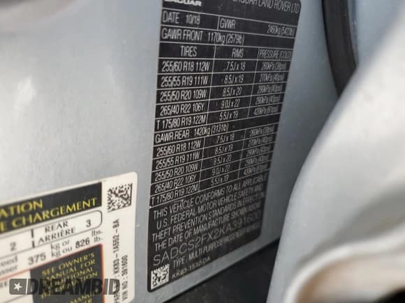 ✅ 2019 Jaguar F-Pace 25t • VIN: SADCS2FX2KA391600 • Lot: 50800915. Wystawiony na Copart z przebiegiem 110 065 mil. Bezpłatny archiwum sprzedaży aukcyjnych z USA i szczegółowy raport historii pojazdu na DreamBid. Zdjęcie 13.