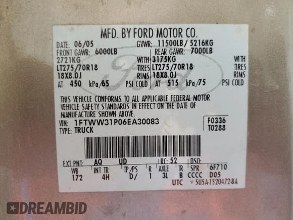 ✅ 2006 Ford F-350 XL • VIN: 1FTWW31P06EA30083 • Lot: 52259775. Listed on Copart with 271,503 mi. Free auction sales archive from the USA and detailed vehicle history report at DreamBid. Image 12.